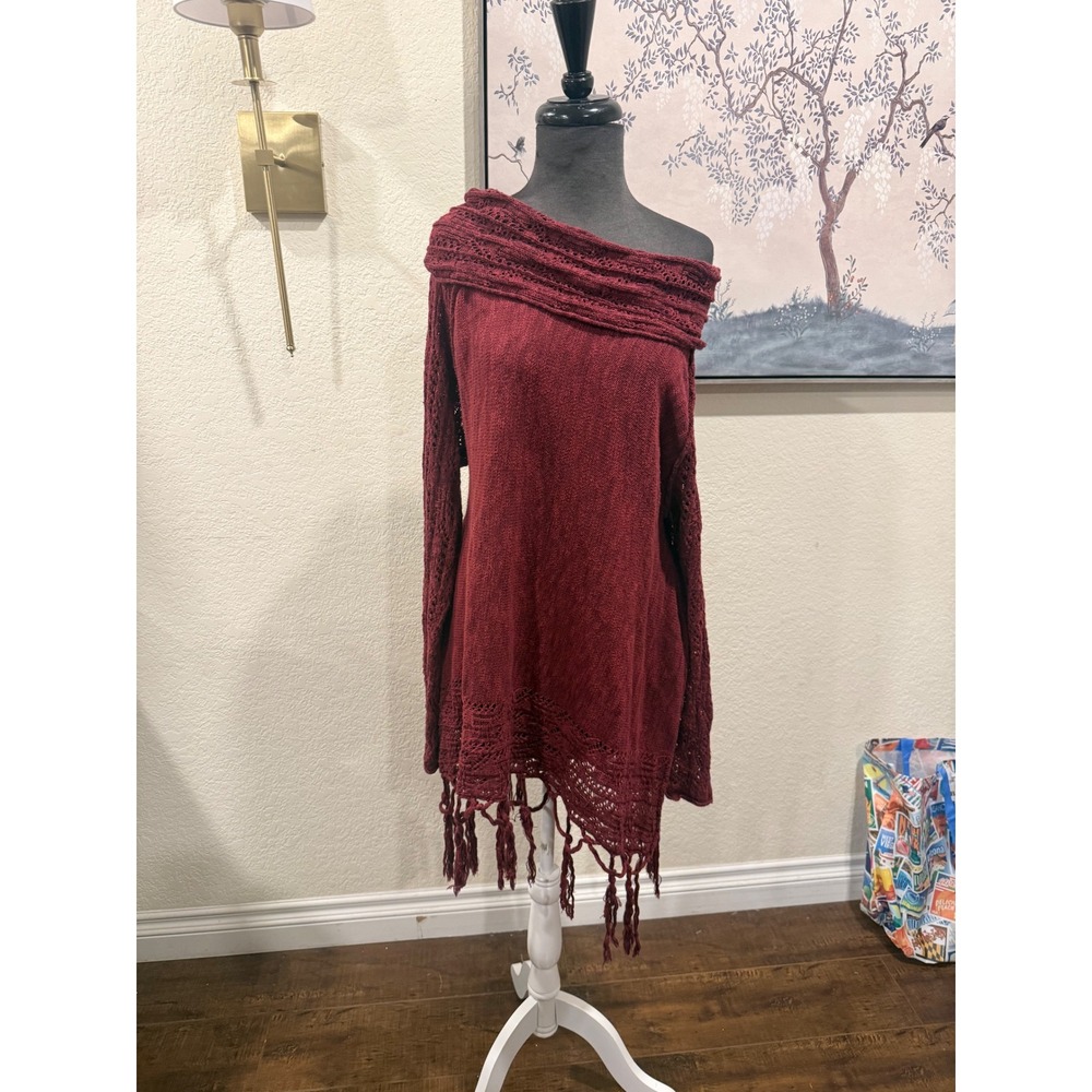 Vintage America‎ Blues Burgundy Off Shoulder Fringe Knit Tunic Sweater XL Boho